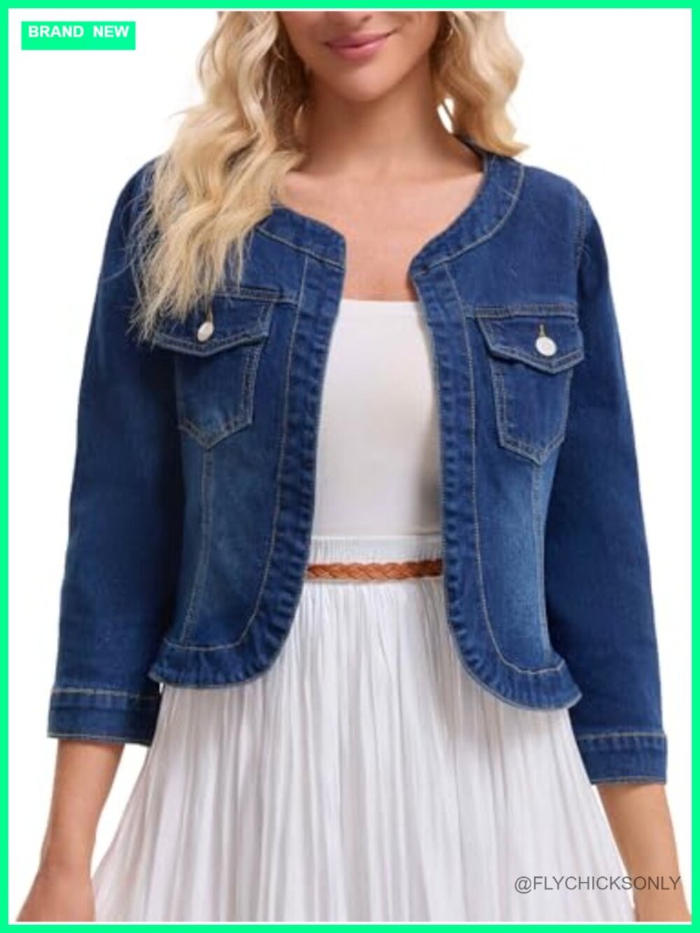 CIMUK Women's Collarless Denim Jacket 3/4 Sleeve Button Down Jean Jacket